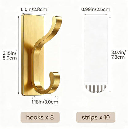 pickpiff Wall Hooks with Adhesive Strip- Easy to Remove, No Residue, Strong Heavy Duty Sticky Towel Hook, 4 Pack Brushed Gold