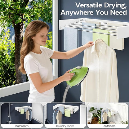 Wall Mounted Foldable Clothes Drying Rack, 31.5-Inch Wide, 5 Stainless Steel Rods, Space-Saving Laundry Drying Rack with Wall Template, White