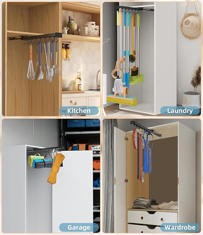 Pull Out Broom Holder With Adjustable Double Row Sliding Hook, Multifunctional Slide Broom And Mop Storage/Organizer Garage Organization Hooks, for Closet Laundry - 41cm/16.14inch