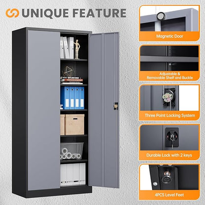 Metal Garage Storage Cabinets with Lock, 71" Tall Tool Cabinet with 2 Door and 5 Adjustable Shelves, Locking Garage Cabinets and Lockable Steel Locker for Home Office Warehouse-(Black Gray-71”H)