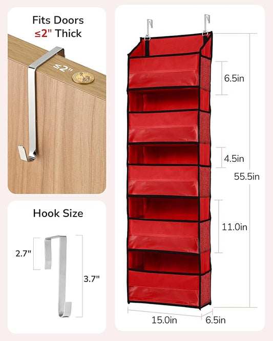 ULG 1 Pack Over The Door Organizer – 5 Shelf Door Organizer Hanging & 10 Side Pockets, Reinforced 44LB Capacity Hanging Organizer, Behind The Door Storage for Bedroom, Nursery, Christmas (Red)