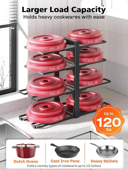 MUDEELA 8-Tier Pots and Pans Organizer under Cabinet, 15.83" Height Heavy Duty Pot Pan Organizer Kitchen Cabinet Organization and Storage, Adjustable Pot Rack for Frying Pan, Cast Iron Skillet, Black