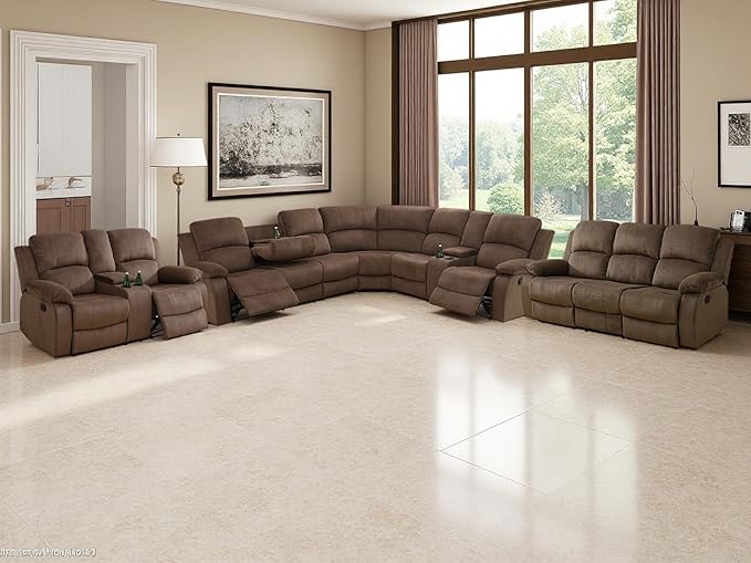 Living Room Furniture Sets, Brown Corduroy Reclining Sectional Corner Sofa with Reclining Sofa Loveseat with Drop-Down Table, Cup Holder and Storage Console for Bedroom, Office