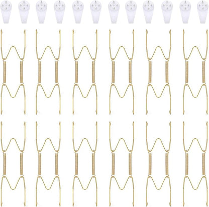 Hotop 12 Pieces Plate Hangers for Wall Stainless Steel Wire Invisible Heavy Duty Plate Hangers Display Holders with 12 Pieces Hooks for Wall Decorative(6 Inch,Gold)