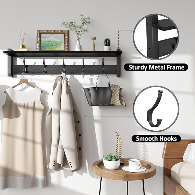 Coat Rack Wall Mount with Shelf, 29 Inch Coat Hanger Walls Mounted, Hat Rack for Walls, Shelf with 5 Coat Hooks, Wall Hanger for Entryway (Black)