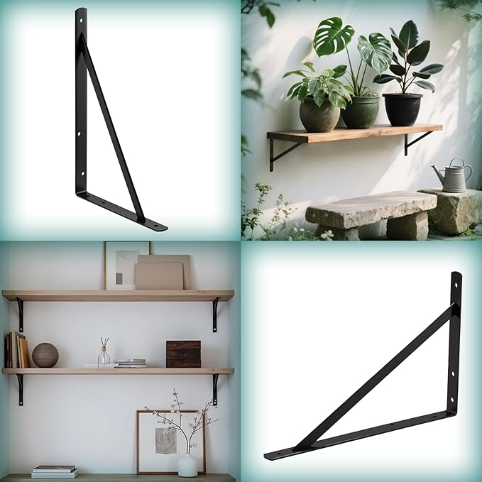 HOME MASTER HARDWARE 16x10 inch Heavy Duty Shelf Brackets, Black Metal Wall Mounted Supports for Shelves, L Shaped Shelf Angle Bracket for Floating Shelves, 4 Pack