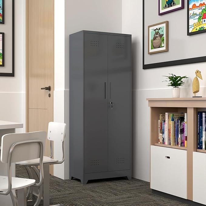 GREATMEET 65" H Metal Cleaning Supply Storage Cabinet, Lockable Double Door Garage Utility Organizer with Adjustable Shelves & Pegboard, Grey