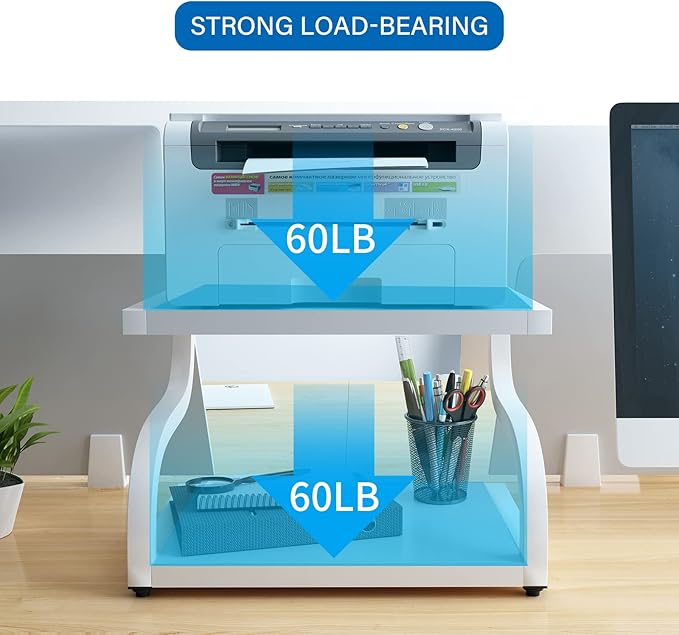 PUNCIA 2 Tiers Wood White Home Office Desktop Printer Stand Laser Printer Copier Stand with Storage Tabletop Heavy Duty Rack Desk Organizer Shelf Dual for Small Space Double Tiers Tray