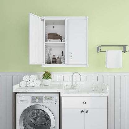 LUCYPAL Metal Wall Cabinet,Garage Storage Cabinets with Adjustable Shelves,Steel Locking Storage Cabinet with Doors for Home,Office,Kitchen,Warehouse,White