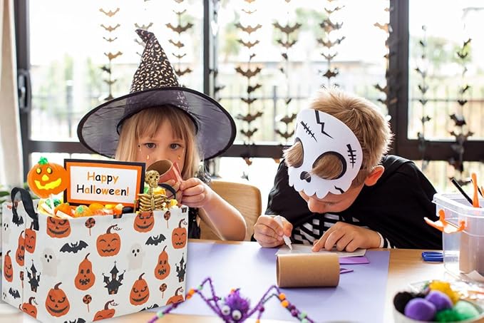 Essme Rectangular Halloween Basket,Kids Basket Empty with Handles,Cute Baskets for kids Room Decor,Boys and Girls, Candy Bins.( Castle Halloween).