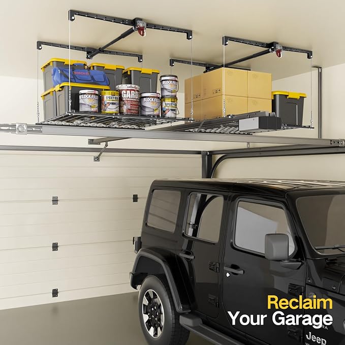Garage Ceiling Storage Rack, 4x4 Ft Adjustable Overhead Garage Storage Rack Lift, Heavy-Duty Ceiling Mounted Storage Lift System for Garage Organization, 250lbs Weight Capacity