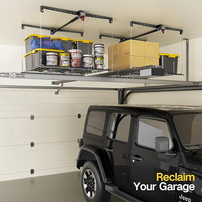 Garage Ceiling Storage Rack, 4x4 Ft Adjustable Overhead Garage Storage Rack Lift, Heavy-Duty Ceiling Mounted Storage Lift System for Garage Organization, 250lbs Weight Capacity
