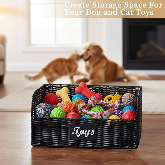 Dog Toy Basket Large Foldable Portable Rattan Dog Toy Storage Organizer for Living Room Bedroom Entryway Floor Corner Pet Toys Basket with Label, Dogs Toys Bin for Cats, Dogs and Pets-Black
