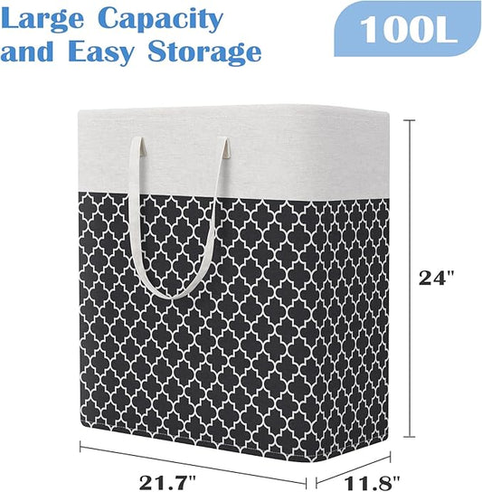 BlissTotes 3-Pack Laundry Basket, Freestanding＆Waterproof Laundry Hamper, Collapsible Tall Clothes Hamper with Easy Carry Handles for Clothes, Towels in the Family and Dorm,Clover Black,100L
