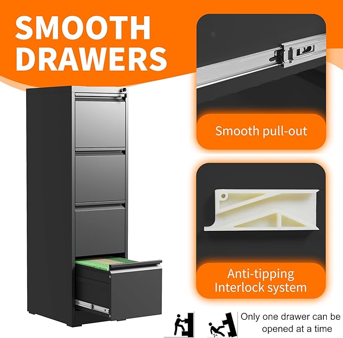4 Drawer Metal File Cabinet with Lock Heavy Duty Lockable Filing Cabinets Home Office Steel File Cabinet Black Vertical File Cabinets for Legal/Letter Size File,Assembly Required