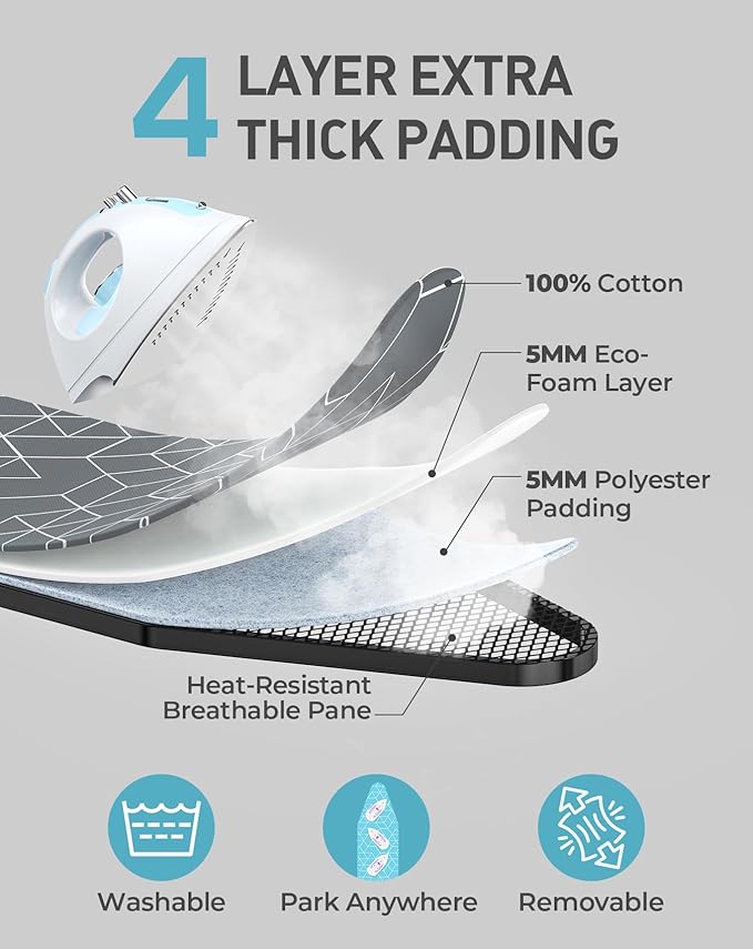 LyriFine Ironing Board, 2-in-1 Flat and Hanging Board, Sturdy Steel Frame Iron Board with Non-Slip Feet, Heat Resistant Cover Iron Board, Foldable Ironing Board Full Size with Hook, 14″ x 43″ Gray