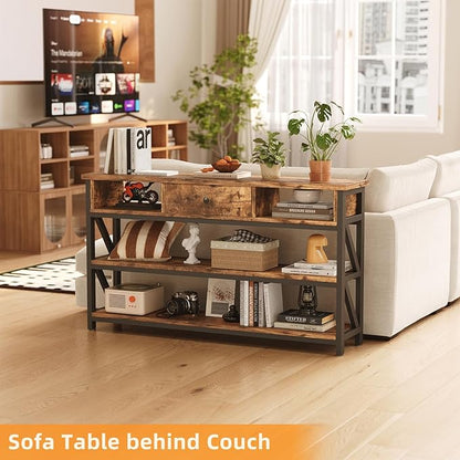 Mexin Console Table with Drawer Shelves, Entryway Table with 3 Tier Storage Shelves, Industrial Wood Hallway Sofa Table for Living Room, Couch, Foyer, Kitchen Counter, 47 Inch Rustic Brown