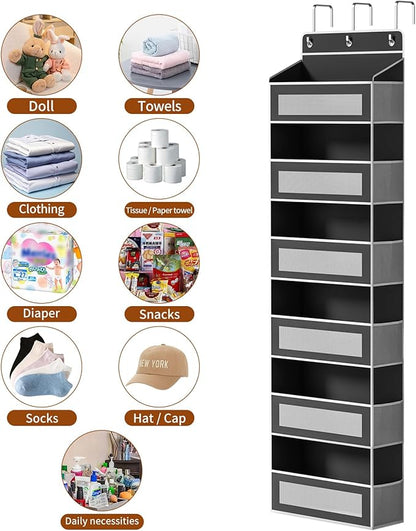 Over The Door Organizer with 6 Large Pockets, Over the Door Storage 12 Side Pockets, Hanging Door Organzier 44 lb Load Behind Door Storage Hanging Shelf for Closet Wall Bathroom Nursery, 6-Tier Black