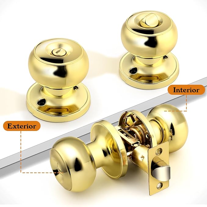 Probrico Interior Door Knobs for Bedroom Bathroom, Polished Brass Privacy Door Lock Keyless Door Knob Round Ball Knob, Gold Privacy Door Knob, 5 Pack