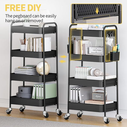 TOOLF 4 Tier Rolling Cart with Pegboard, Metal Storage Organizer Cart with Wheels, Hooks & Bins Esthetician Craft Art Sturdy Storage for Bathroom, Kitchen, Office, Nursery Diaper