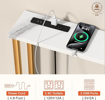 78Inch Console Table with Outlet, Sofa Table with Charger,Skinny Hallway Table, Narrow Entryway Table,Table Behind Sofa,for Living Room,Gold & White