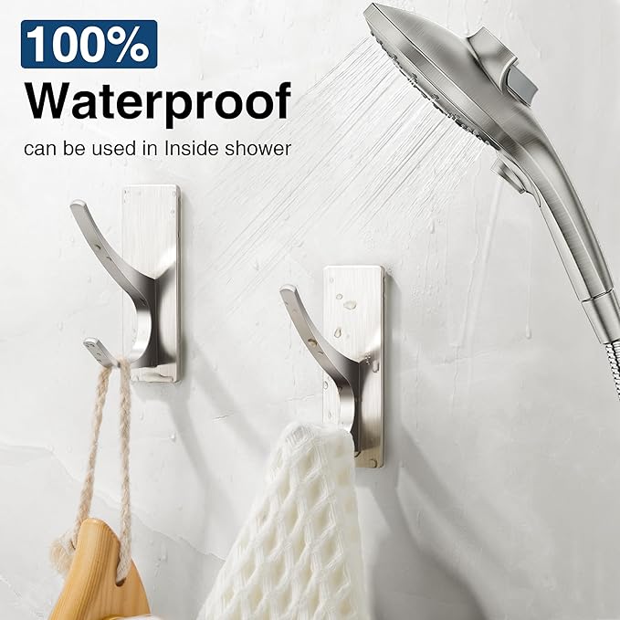 10 Pack Self Adhesive Towel Hooks: Extra Strong 13LB, Stainless Hook for Hanging Loofah, Towels, Coat, Bath Robe Bathroom Shower, Brushed Nickel