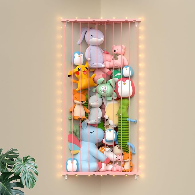 Corner Stuffed Animal Storage Net - 2-in-1 Large Stuffed Animals Holder with Light - Plush Organizer Hanging Stuffed Animal Hammock for Wall (Pink)