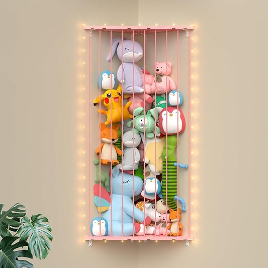 Corner Stuffed Animal Storage Net - 2-in-1 Large Stuffed Animals Holder with Light - Plush Organizer Hanging Stuffed Animal Hammock for Wall (Pink)