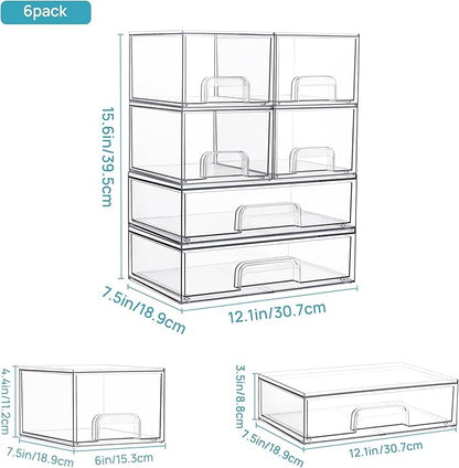 Vtopmart Stackable Storage Drawers Set of 6, Clear Plastic Organizer Bins for Bathroom Supplies, Ideal for Cabinet,Shelf, Pantry, Laundry Room Organization