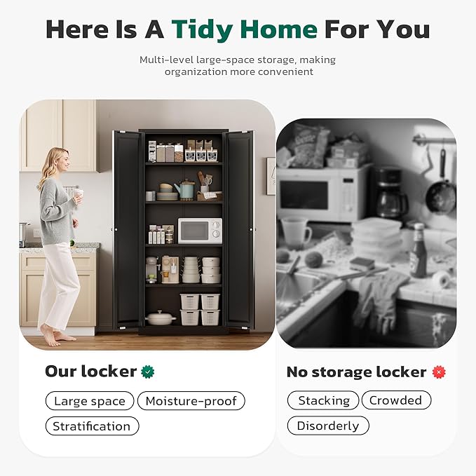 Greenvelly Metal Cabinet, 63" H Black Metal Storage Cabinet with Doors and 4 Shelves, Pantry Storage Cabinet for Kitchen, Bedroom, Living Room, Office (Modern)