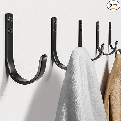 Wall Hooks for Hanging Towel/Coat - 22LB Screw in Metal Hanger Wall Mount, for Outdoor, Closet, Door, Bathrooms, for Backpack, Robe, Black 5 Pack