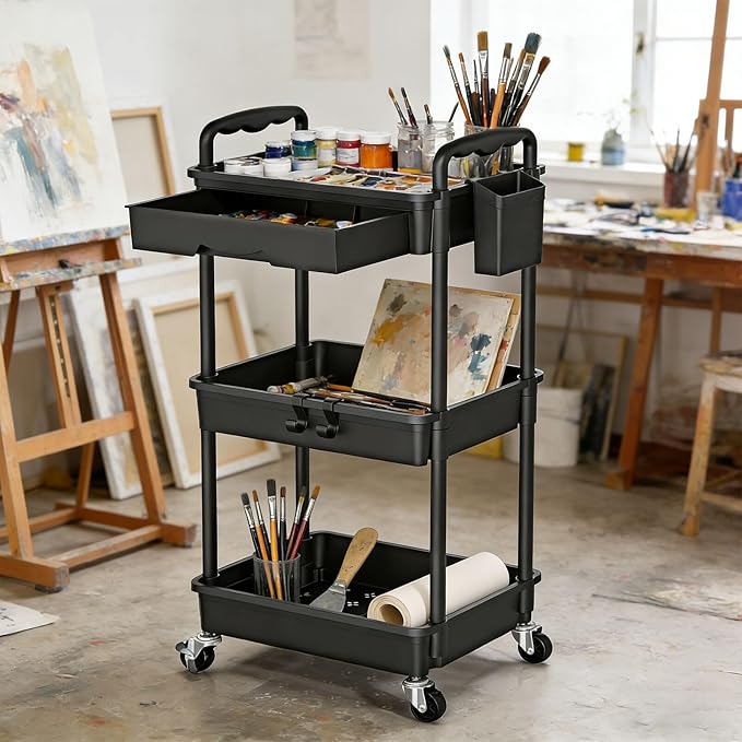 3 Tier Rolling Storage Carts with Removable Drawers, Lockable Wheels, Hooks & Cup Holders – Easy Assembly Storage Organizer for Kitchen, Bathroom, Office, Craft Room, Makeup, Black