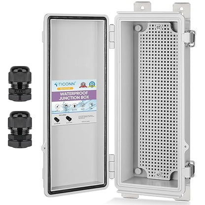 TICONN Outdoor Electrical Box Waterproof, Junction Box IP67 ABS Plastic Enclosure with Hinged Cover with Mounting Plate, Wall Brackets, Cable Glands (Off-White, 10.2"x4.3"x3.0")