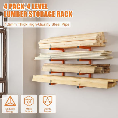 4-Pack Lumber Storage Rack, Wood Storage Racks Wall Mount, Heavy Duty Garage Wood Organizer With 8-Level System, Orange Utility Rack Organization Up 1600 Lbs, Metal Lumber Shelf for Indoor & Outdoor