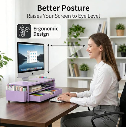 Desk Organizer and Accessories, 2-Tier Computer Monitor Stand Rise with Storage Drawer & 2 Pen Holders, Laptop & Printer Stand for Desktop, Workspace Organizers for Office Supplies (Purple)
