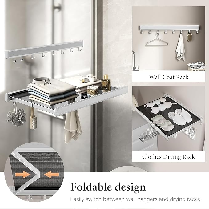 LETINE Wall Mounted Drying Rack: Retractable Indoor Clothes Drying Rack – Aluminum Alloy Frame w/Soft Mesh Surface. Laundry Rack & Temp Shelf for Balcony, Bathroom, Kitchen. with 8 Hooks (White, L)