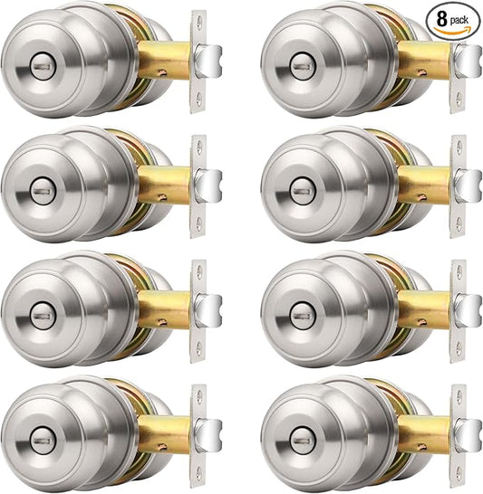 Probrico Brushed Nickel Interior Door Knobs, Privacy Door Knob for Bathroom Bedroom, Stainless Steel Door Knob with Lock for Interior Door, 8 Pack