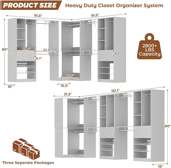Closet System (Set of 3) with 4 Drawers, 8 Hanging Robs, 91.5"/151" Closet Organizer System with Corner Tower, Reversible Walk-in Closet System Corner Closet System, Morandi Grey