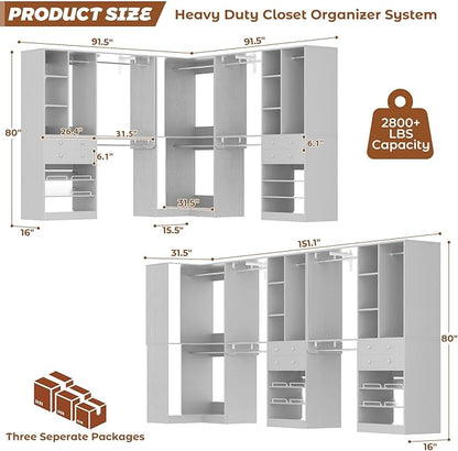 Closet System (Set of 3) with 4 Drawers, 8 Hanging Robs, 91.5"/151" Closet Organizer System with Corner Tower, Reversible Walk-in Closet System Corner Closet System, Morandi Grey