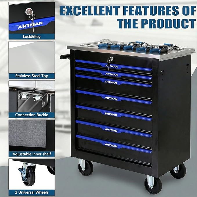 7-Drawer Rolling Tool Chest with Stainless Steel Worktop,Tool Chest with Secure Locking System,Mobile Storage Tool Cabinet with 360°Wheels and Padded Feet,for Home,Garage (Black+Blue)