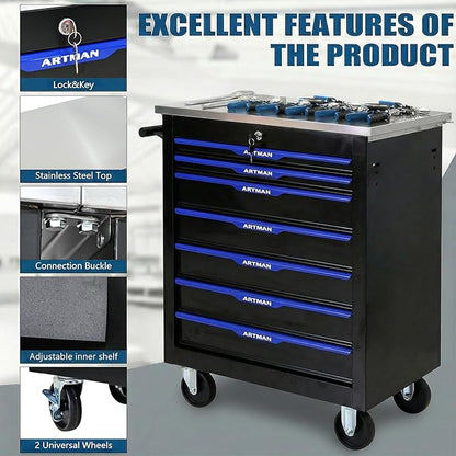 7-Drawer Rolling Tool Chest with Stainless Steel Worktop,Tool Chest with Secure Locking System,Mobile Storage Tool Cabinet with 360°Wheels and Padded Feet,for Home,Garage (Black+Blue)