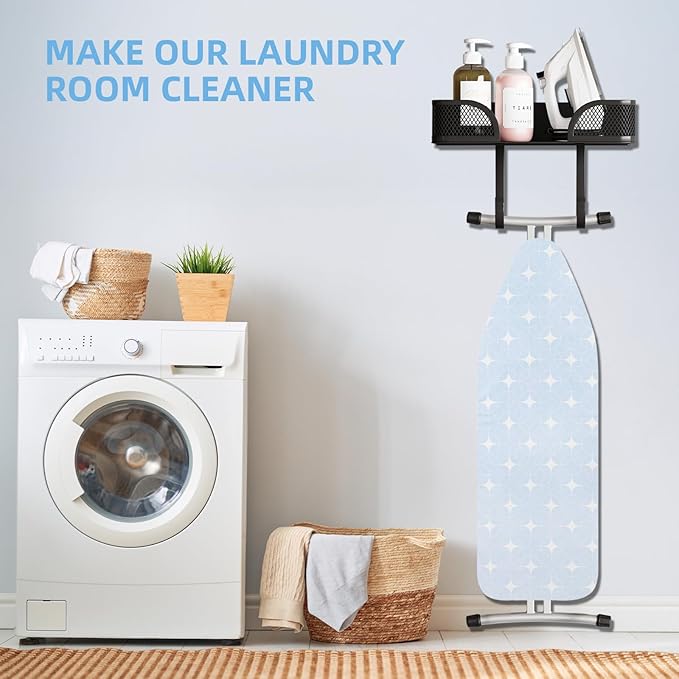 Ironing Board Holder Wall Mount, Ironing Board Hanger, Laundry Room Decor Organization and Storage with Large Storage Grid Base Basket and Hooks(T&V Shaped)
