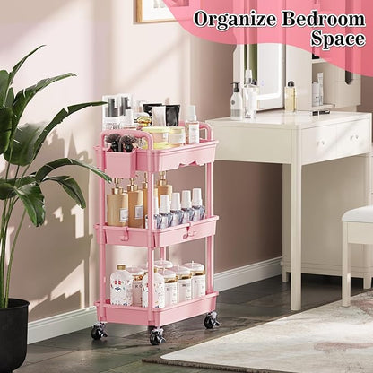 3 Tier Rolling Cart with Drawer, Bathroom Storage Organizer with 2 Lockable Wheels, Multifunctional Rolling Storage Cart for Bathroom, Kitchen, Office, Craft, Makeup, Baby Essentials, Pink