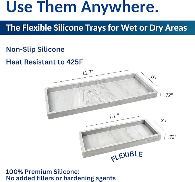 Countertop and Vanity Tray - 2 PC (11” and 7”) Shatterproof Silicone Kitchen and Bathroom Trays for Counter, Kitchen Soap Dispenser Tray, Vanity Trays for Bathroom, Perfume Key Tray