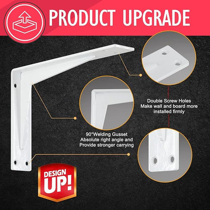 CLT 12” White Shelf Bracket, 1/5" Thick – Heavy Duty Corner Brace, Supports 330 lbs, Industrial Modern Farmhouse Style – Right Angle Bracket for Tables, Benches, DIY Space-Saving Projects (Pack of 4)
