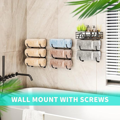HapiRm Towel Racks for Bathroom Storage - 9 Tier Over The Door & Wall Mount Rolled Towel Storage Organizer Holder with Metal Shelf Basket for Small Bathroom, Camper, Rv - Black, Patented