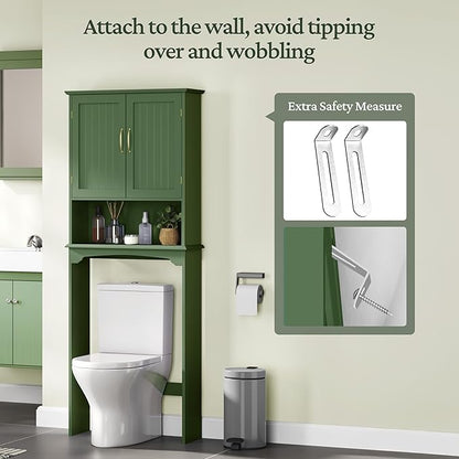 Yaheetech Over The Toilet Storage Cabinet, Over Toilet Cabinet with Adjustable Shelf, Bathroom Storage Organizer with Double Wood Doors, Green