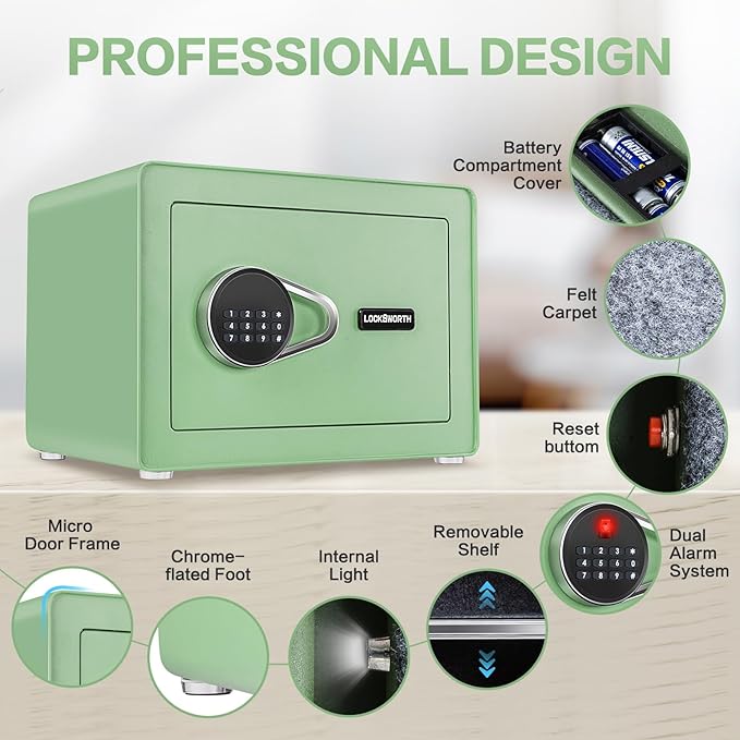 Safe for Home, Small Safe with Fireproof Bag, Removable Shelf, 1.0 Cubic Feet Digital Electronic Security Money Box for Cash, Document, Home, Office, Hotel Use, Green，9.84"D x 13.78"W x 9.84"H