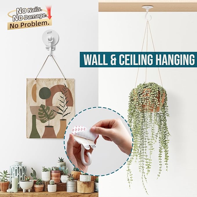 TAILI Adhesive Removable Wall & Ceiling Hooks for Hanging Plants, Heavy Duty No-Drill 360° Swivel Adjustable Sticky Wall Hooks Hanging Decor Lights Garland for Door Kitchen, Renter Friendly - 4 Pack