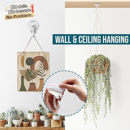 TAILI Adhesive Removable Wall & Ceiling Hooks for Hanging Plants, Heavy Duty No-Drill 360° Swivel Adjustable Sticky Wall Hooks Hanging Decor Lights Garland for Door Kitchen, Renter Friendly - 4 Pack